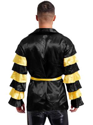 Men Satiny Lapel V Neck Flare Sleeve Shirt with Belt for Carnivals back image