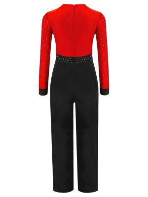Kids Boys V Neck Long Sleeve Color Block Jumpsuit for Latin Dance back image