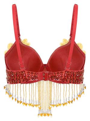 Women Sequins Straps Plastic Beaded Tassels Underwired Bra for Belly Dance back image