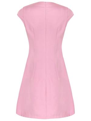 Women Round Neck Cap Sleeve Solid Color A-Line Party Dress back image