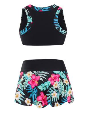 Girls 2pcs Sleeveless Crop Top with Skirt Tankini Swimsuit Set back image
