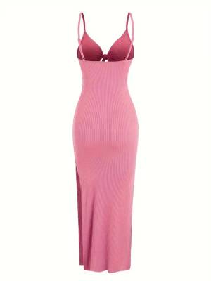 Women V Neck Backless Side Slit Maxi Bodycon Dress for Beach Vacation back image
