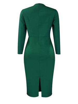 Women Long Sleeve Back Split Bodycon Pencil Dress for Office Work back image