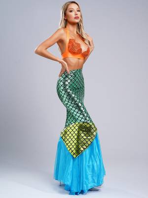 Women Scallop-shaped Cup Lace-up Bra and Shiny Fishtail Maxi Skirt Mermaid Set back image
