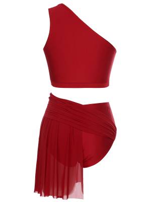 Women 2pcs One Shoulder Crop Top and Skirted Briefs Lyrical Dance Set back image