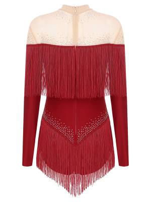 Women Long Sleeve Rhinestones Tassels Mesh Patchwork Latin Dance Leotard back image