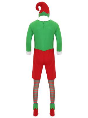 Men Long Sleeve Rompers with Hat Shoes and Stockings Christmas Elf Costume Set back image
