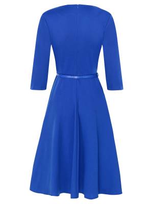 Women Lapel V Neck 3/4 Sleeve High Waist Wrap A-line Dress with Belt back image