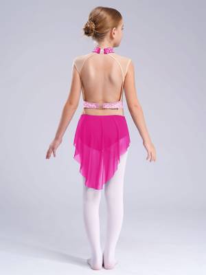 Kids Girls Sleeveless Shiny Rhinestones Mesh Skirted Leotard for Skating back image