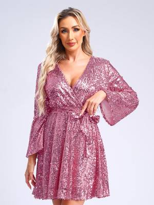 Women Long Sleeve V-neck Solid Color Sequins A-line Cocktail Dress back image
