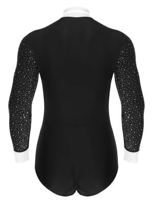 Men Long Sleeves Shiny Rhinestones Colorblock Latin Dance Leotard with Bowtie back image