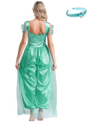 Women Belly Dance Sequin Tulle Jumpsuit with Headband Aladdin Costume back image