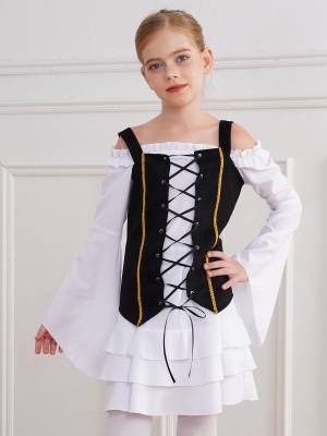 Girls 2pcs Long Sleeve Ruffle Dress and Suede Vest Halloween Pirate Costume Sets back image