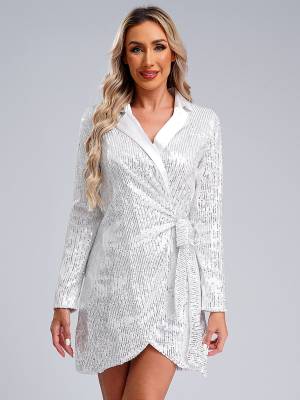 Women Long Sleeve V-neck Sequin Cocktail Dress back image