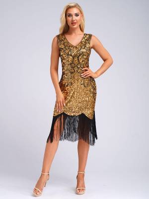 Women Sequin Flowery Sleeveless Tassels Bodycon Dress for Cocktail front image