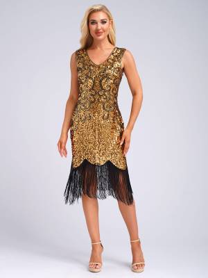 Women Sequin Flowery Sleeveless Tassels Bodycon Dress for Cocktail back image