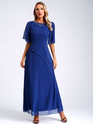 Women Short Sleeve Chiffon Beading Wedding Guest Maxi Dress back image