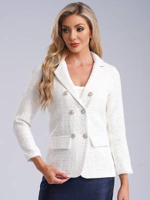 Women Long-sleeve Lapel Buttoned Tweed Blazer for Formal Occasions back image