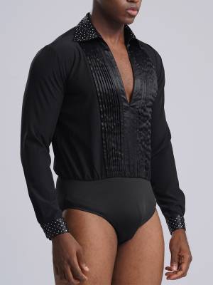 Men V-neck Long Sleeve Rhinestones Latin Dance Leotard back image