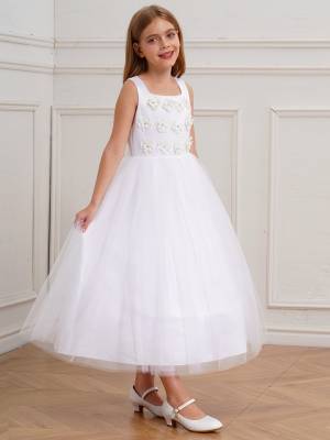 Kids Girls Sleeveless Floral Embellished Mesh Flower Girl Dress for Communion back