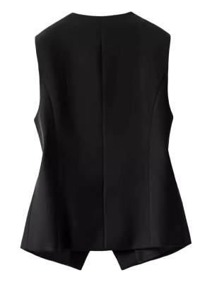 Women V-neck Sleeveless Button-down Solid Color Office Vest back image