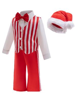 Toddler Boys Christmas Long Sleeve Shirt Striped Vest and Pants with Hat Suit back image