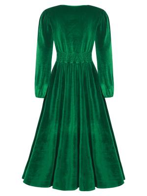 Women Long Sleeve V-neck Solid Color Velvet A-line Cocktail Dress back image