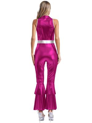 Women Metallic Sleeveless Lapel Disco Dance Jumpsuit back image