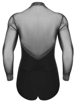 Men Lapel Collar Long Sleeve Sheer Mesh Rhinestone Latin Dance Leotard back image