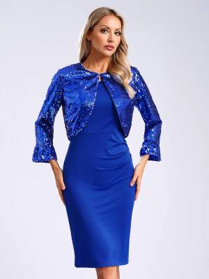 Women 2pcs Ruched Bodycon Dress and Long Sleeve Sequins Jacket Set for Cocktail back image
