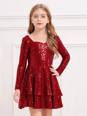 Kids Girls Long Sleeve Sequins A-line Party Dress back image
