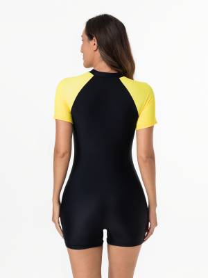 Women One Piece Swimsuit Short Sleeves Color Block Swim Romper Rash Guard back image