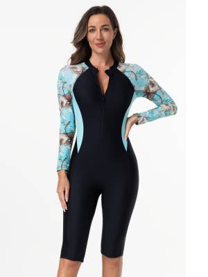 Women Long Sleeves Flroal Zipper One Piece Swimsuit Rash Guards back image