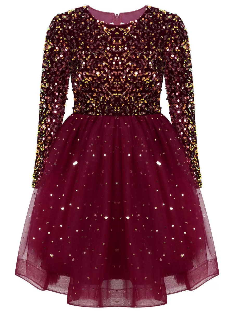 Kids Girls Christmas Sequin Velvet Tulle A-line Dress
