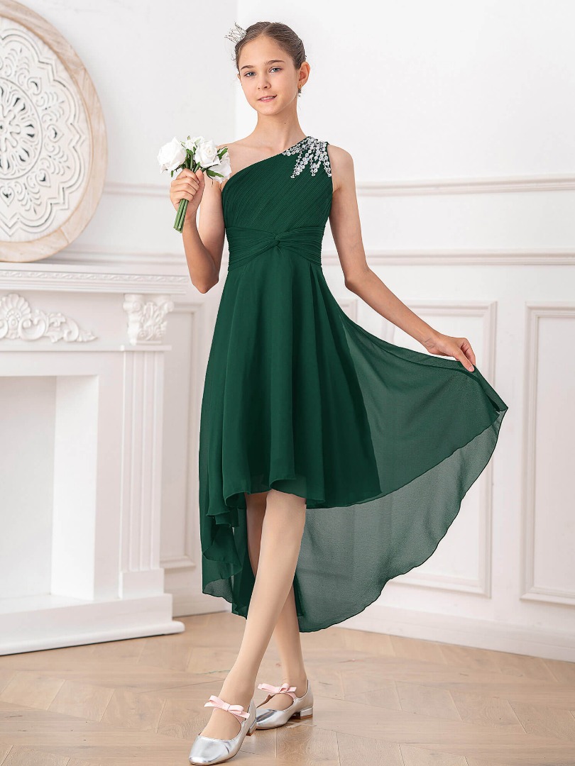 Girls Sequins One Shoulder Party Dress in Army Green
