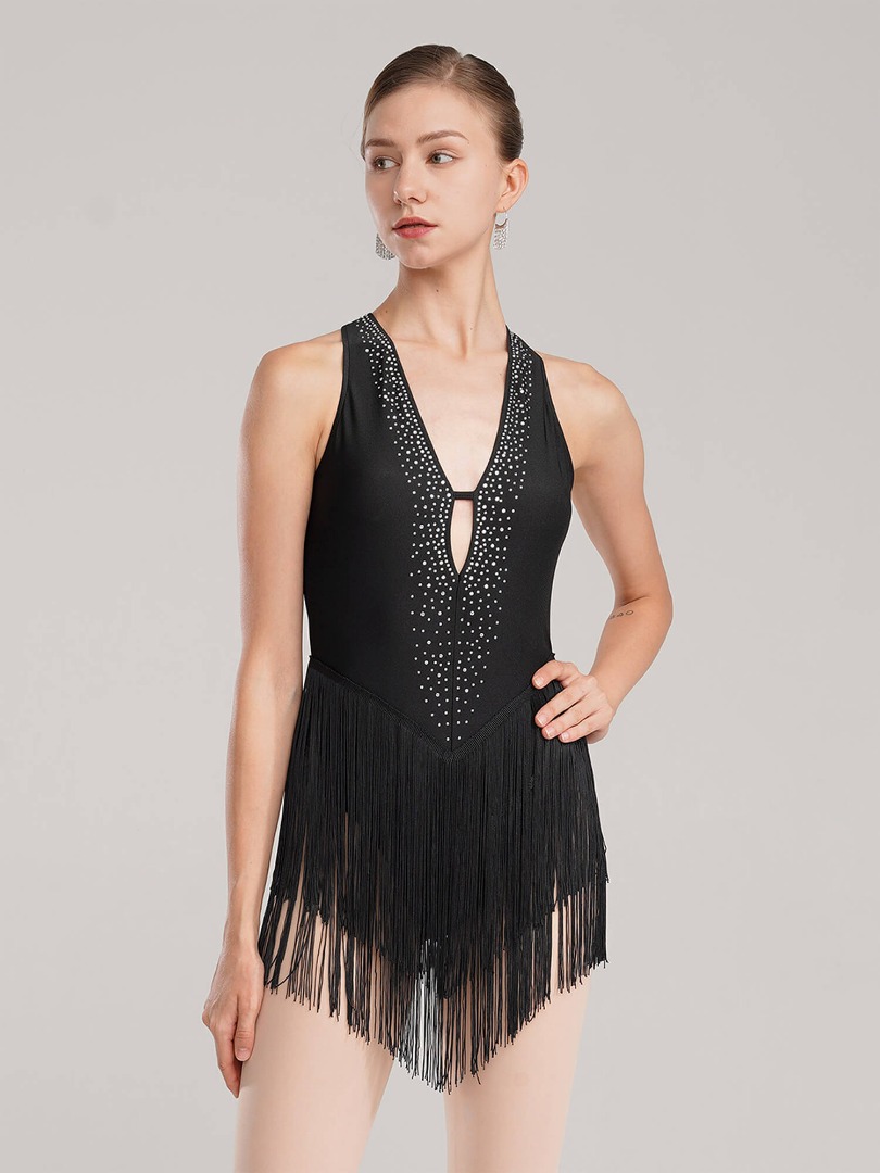 Backless Tassel Latin Dance Leotard Black