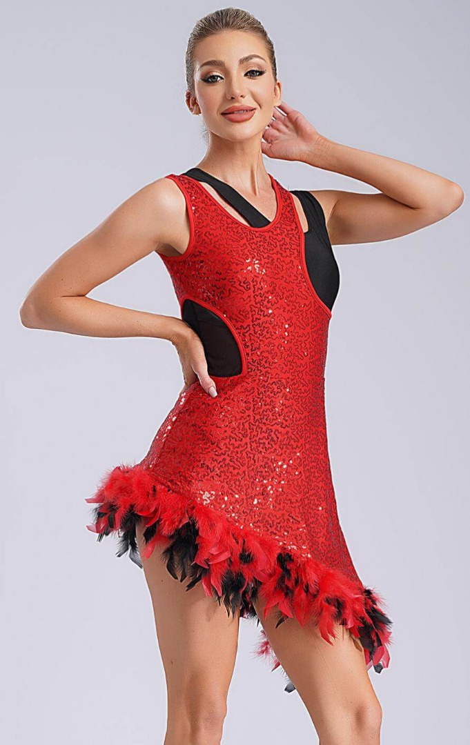 Sequins Feather Asymmetrical Dance Dress