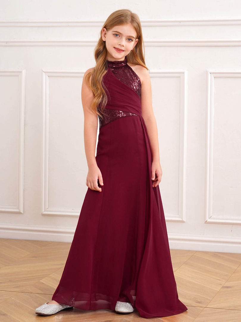 Halter Neck & Sequins Maxi Dress in Burgundy