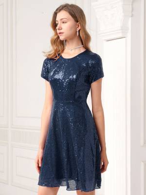 Women Ladies Round Neckline Sequins Cocktail A-line Dress front image