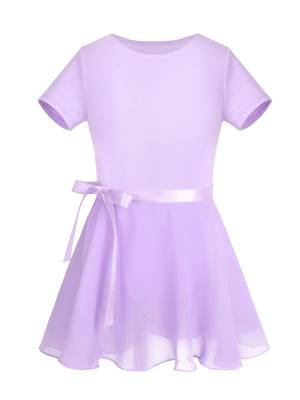 Girls 2pcs Cotton Short Sleeves Ballet Dance Leotard with Skirt Set