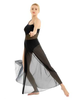 Women Spaghetti Strap Mesh Maxi Lyrical Dance Leotard Dress front image
