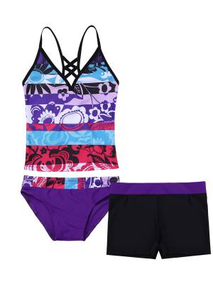 Kids Girls 3Pcs Floral Printed Tankini with Shorts Swimsuit Set front image