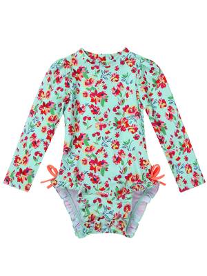 Baby Girls Sleeves Floral Ruffled One Piece Swimsuit
