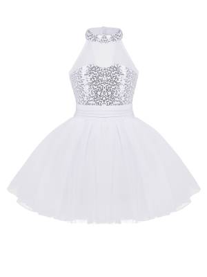 Kids Girls Sleeveless Sequins Ballet Dance Leotard Dress front image