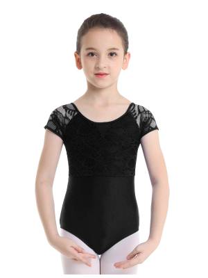 Kids Girls Short Sleeves Floral Lace Ballet Dance Leotard