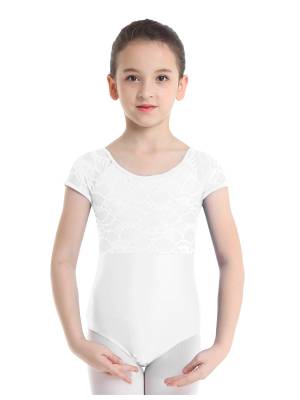 Kids Girls Short Sleeves Floral Lace Ballet Dance Leotard front image