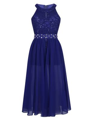 Girls Sleeveless Floral Lace Maxi Romper Prom Dress front image