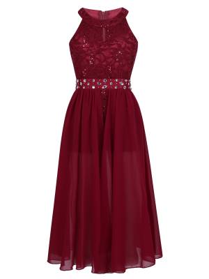 Girls Sleeveless Floral Lace Maxi Romper Prom Dress