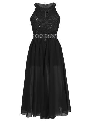 Girls Sleeveless Floral Lace Maxi Romper Prom Dress front image