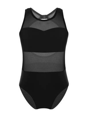Kids Girls Sleeveless Mesh Cutout Back Ballet Dance Leotard front image